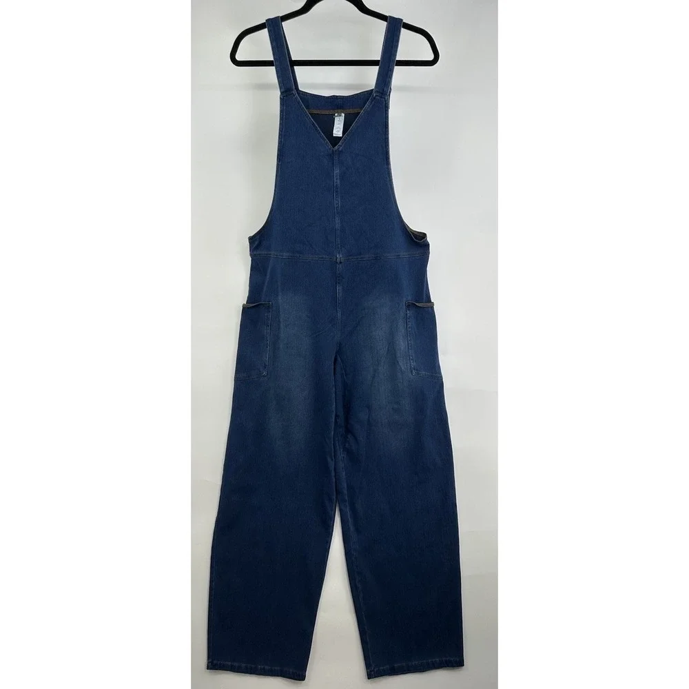 HALARA Flex Denim Wide Leg Stretch Overalls Side Pockets Jumpsuit Large EUC